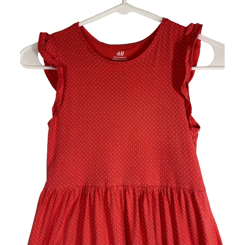 H&M Kids Pink Coral Polka Dot Ruffle Sleeve Organic Cotton Dress Size 8-10Y - Picture 2 of 6
